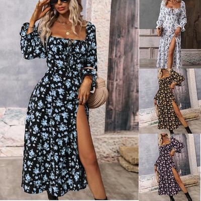Square Neck Printed Skirt Split Dress Bohemia Backless Length Dress Elegant Long Sleeve Dresses Causal Women Dress