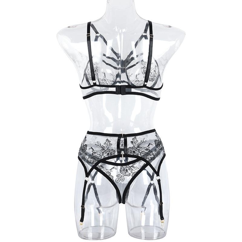 Dame Gjennomsiktig Mesh Broderi BH-sett Sexy Lingeri Bøyle-BH Strømpeholder G-streng Drakts