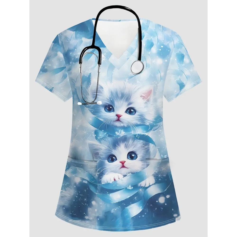 

Ветеринарный Кот Мультяшный Принт Медицинская Форма Женская Модная V-образный Вырез Карман Здравоохранение Скраб Досуг Униформа Стоматолога Медсестра Женщина S