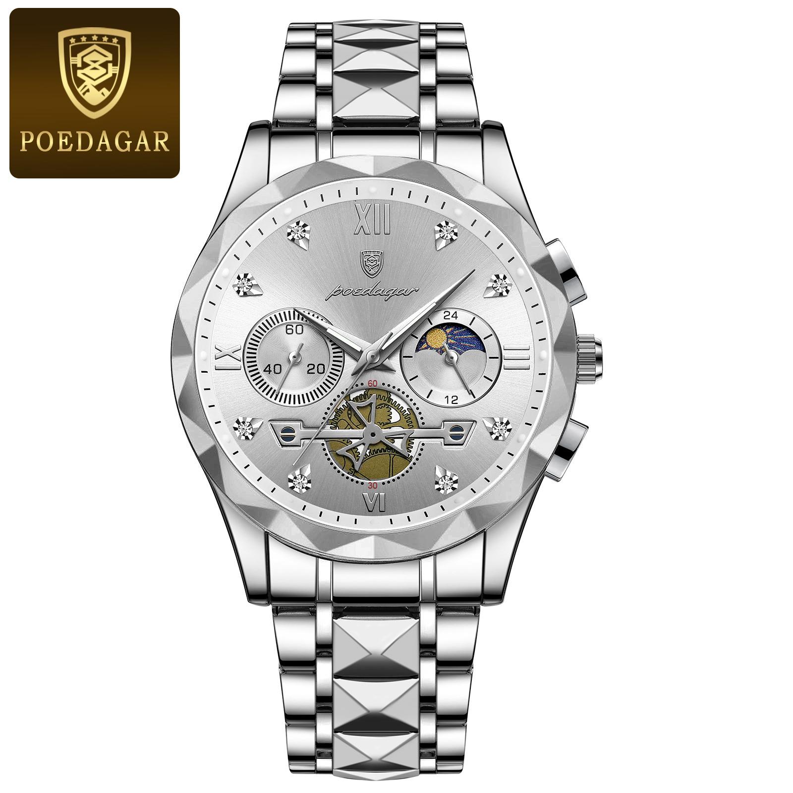 

POEDAGAR Luxury Man Wristwatch Chronograph Waterproof Luminous Men Watch Stainless Steel High Quality Sport Men s Quartz Watches білий/срібний