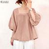 Women Elegant Square Collar Casual Short Sleeve Pleated Blouse