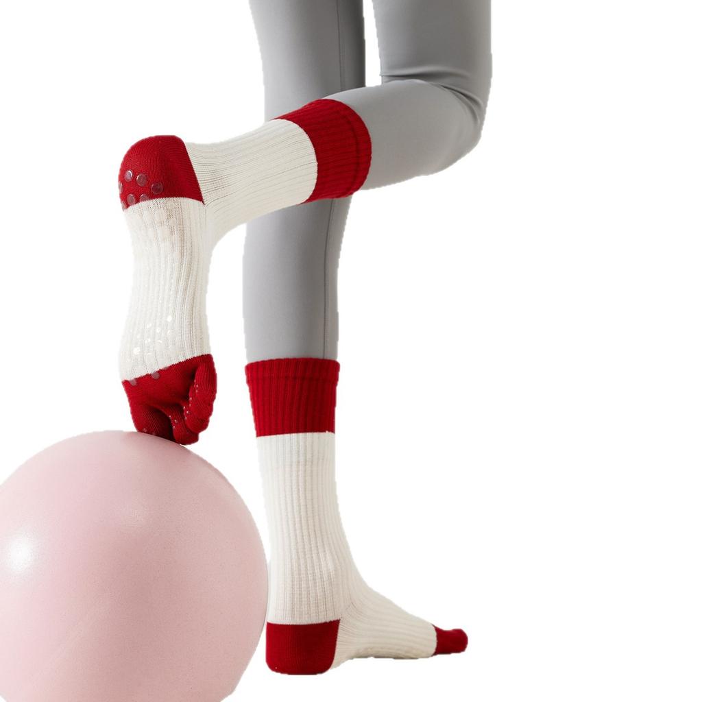 Five-finger Yoga Socks with Anti-slip Properties for Pilates Training Exercises. Red Striped Long Ankle Socks with Split Toes.