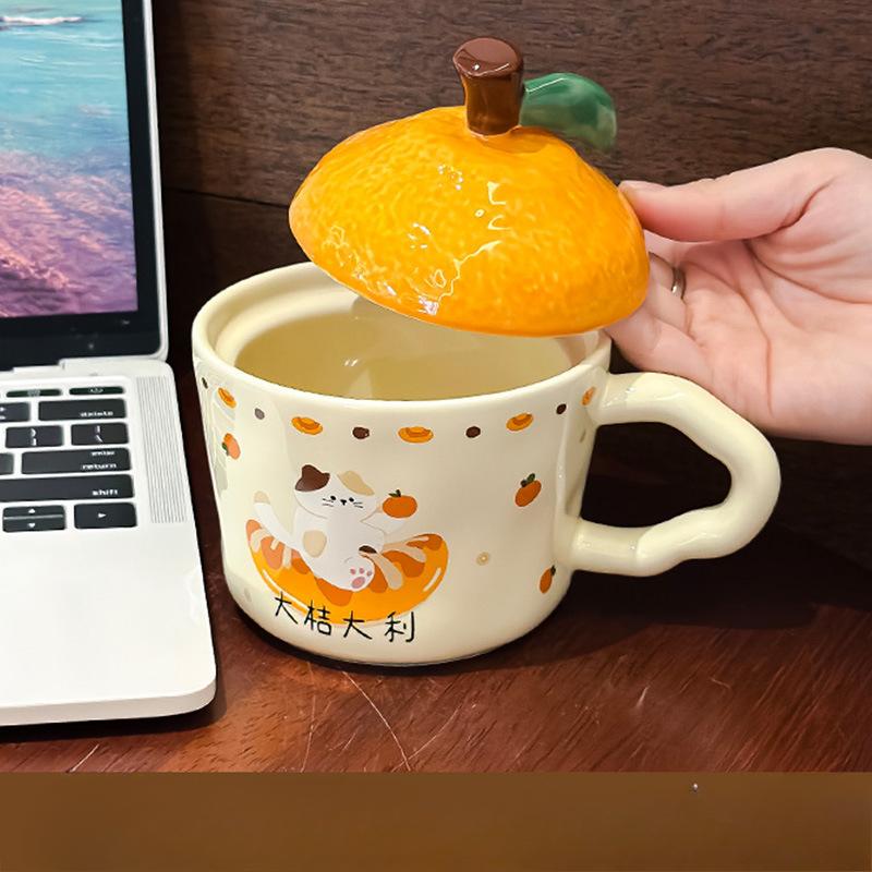 Cadou de Anul Nou al Anului Șarpelui Noroc Noroc Cană Drăguță cu Pisică Portocalie cu Capac Cadou de Ziua de Naștere pentru Fată