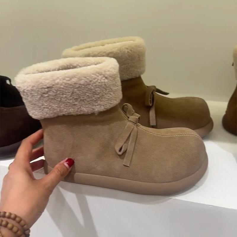Version peau de vache~ polaire intégrée fourrure laine chaude coton bottes femmes rétro vent bottines nœud antidérapantes bottes de neige
