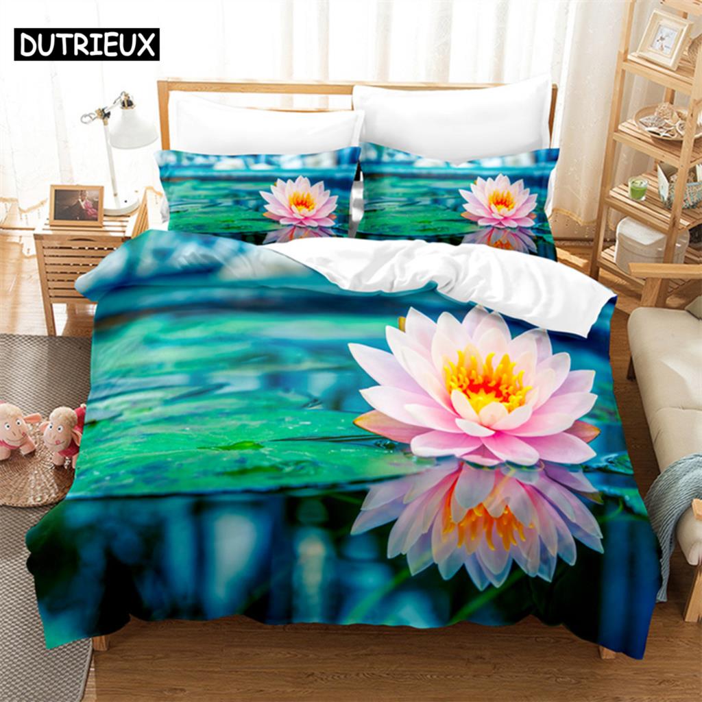 Pink Lotus Queen Bedding Set Green Duvet Cover Set Kids Bedding Digital Printing Bed Linen King Size Duvet Cover Set Bedding Set