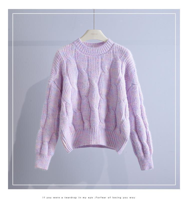 

2023 Осінь/Зима Жіночий Затишний Светр з Круглим Вирізом та Плетінням Косичками - Корейський Повсякденний Трикотажний Пуловер Вільного Крою One Size світло-фіолетового кольору