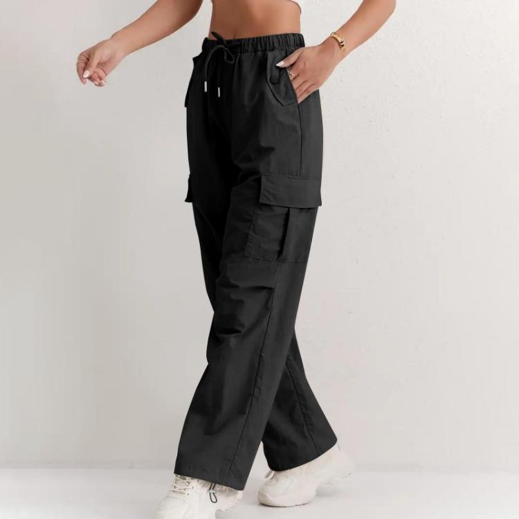 Quick Dry High Waisted Cargo Pants Women Solid Color Wide Leg Sports Pants Casual Drawstring