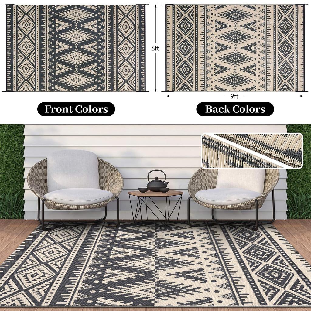 Olanly Reversible Plastic Outdoor Rugs For Patio Non-slip Waterproof Rugs For Camping Large Foldable Fashion Carpets For Rooftop