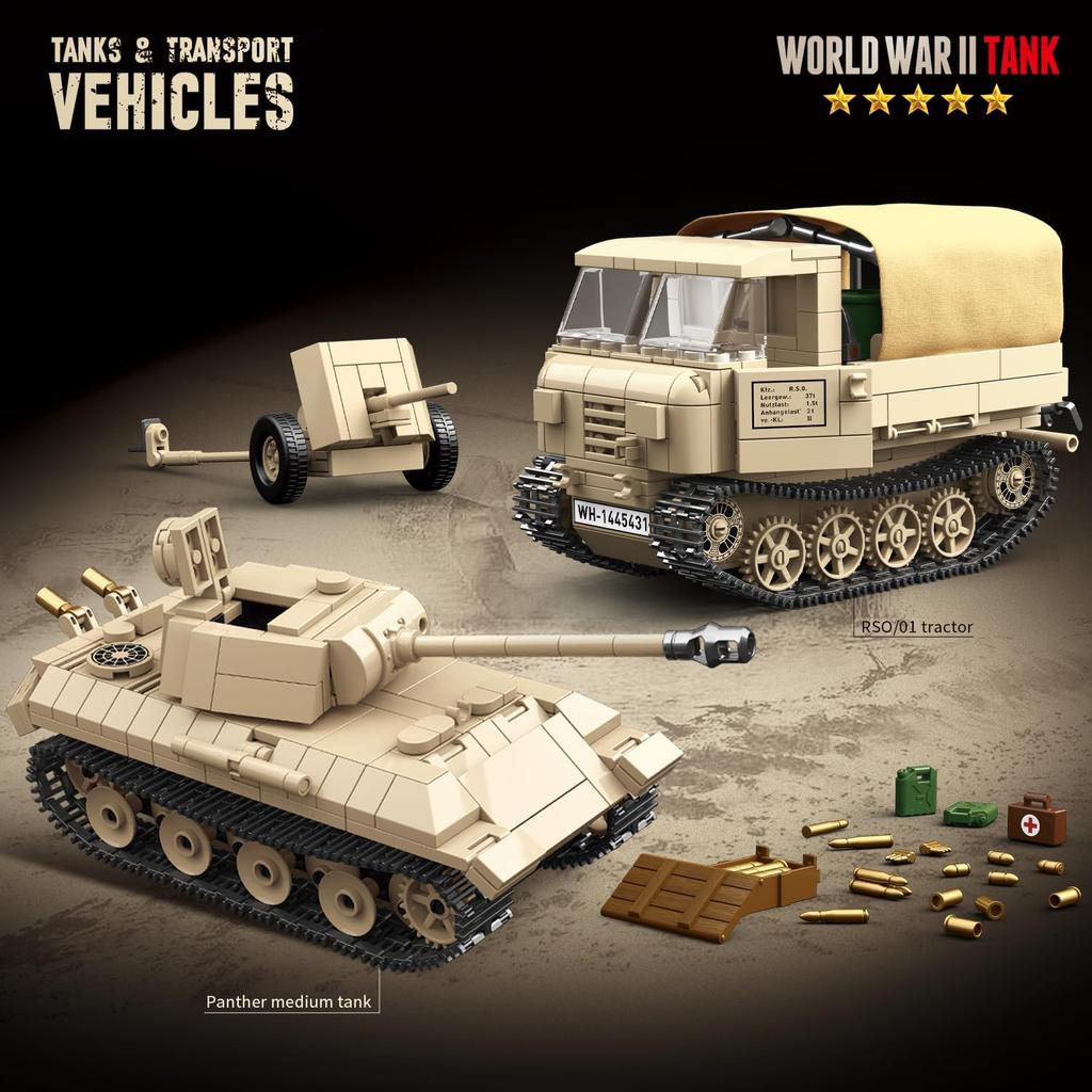 WW2 Panther Medium Tank & RSO Tractor Vehicle Building Blocks, Compatible with Lego Military Set, Great Army Gift for Kids and Teens Over 8 Years Old