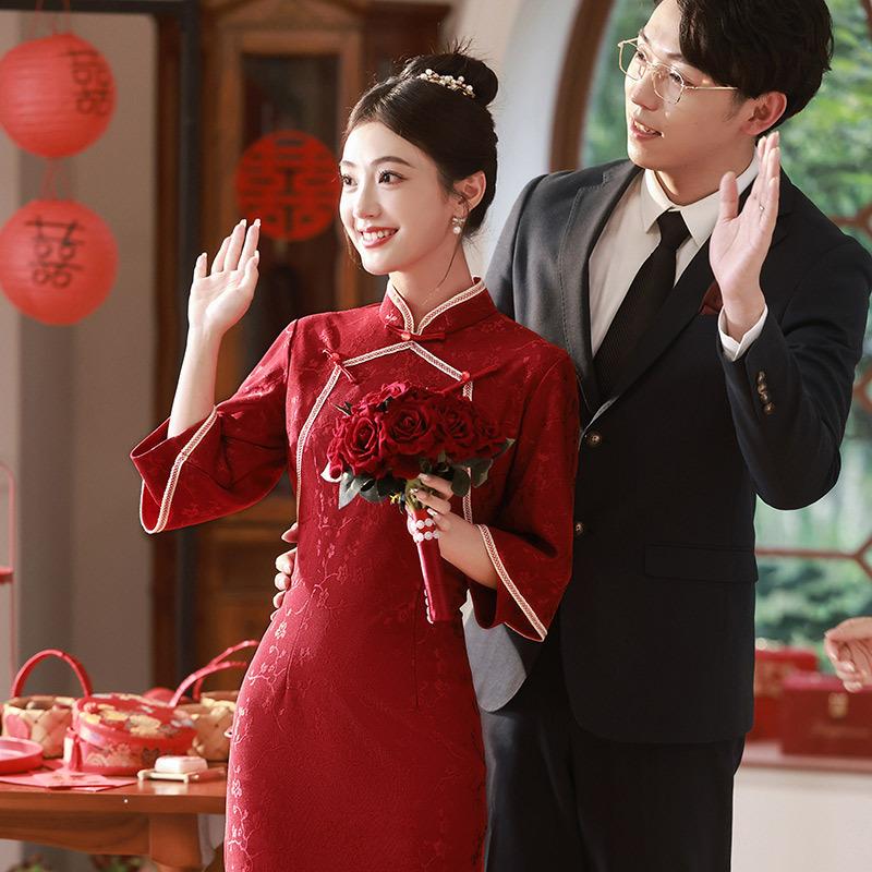 Red Lace National Style New Chinese Long Sleeve Improved Cheongsam Women's Premium Bridal Toast