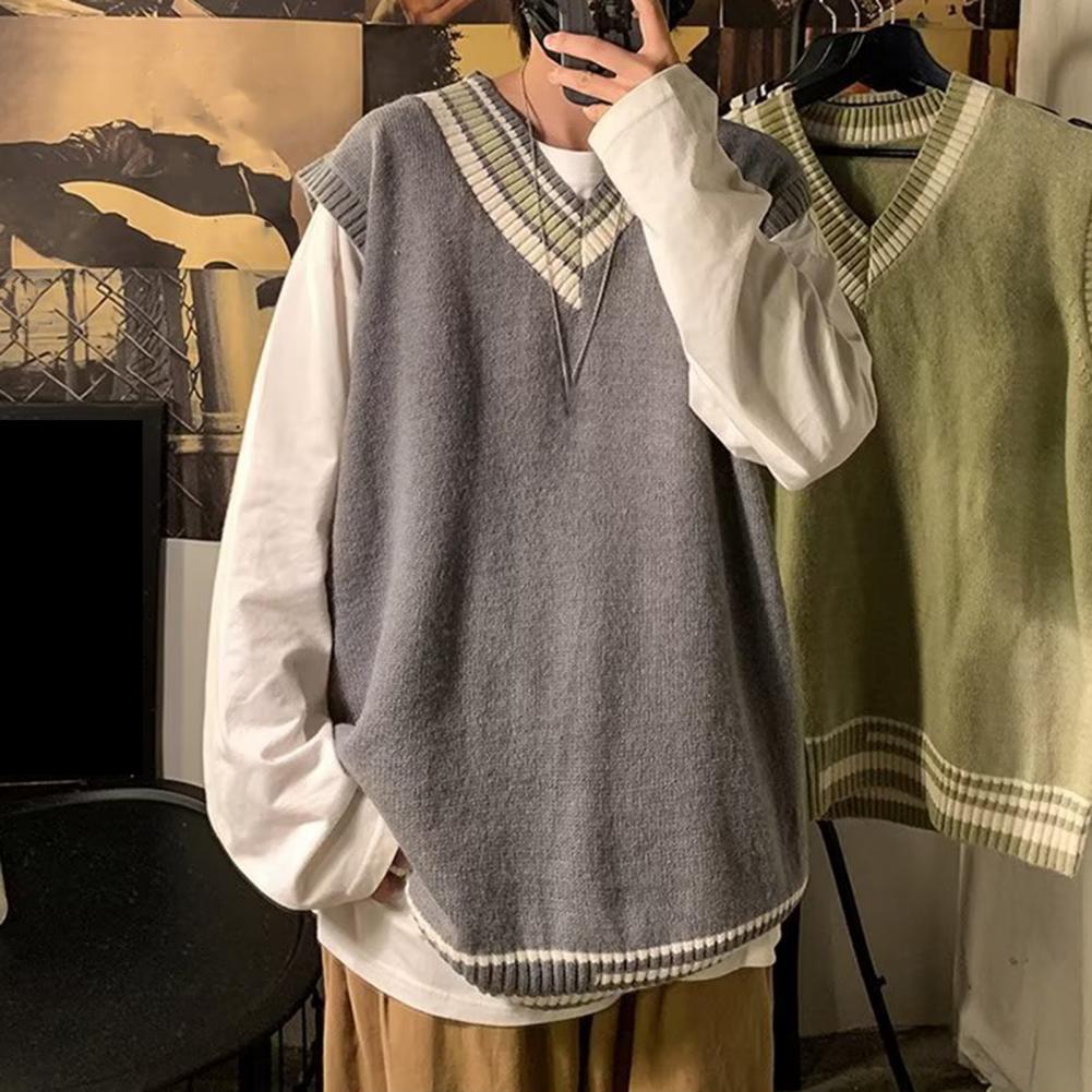 Pánský vesta svetr s výstřihem do V bez rukávů, volný, pletený svetr s barevným blokem, střední délka, zesílený svetr preppy a business styl