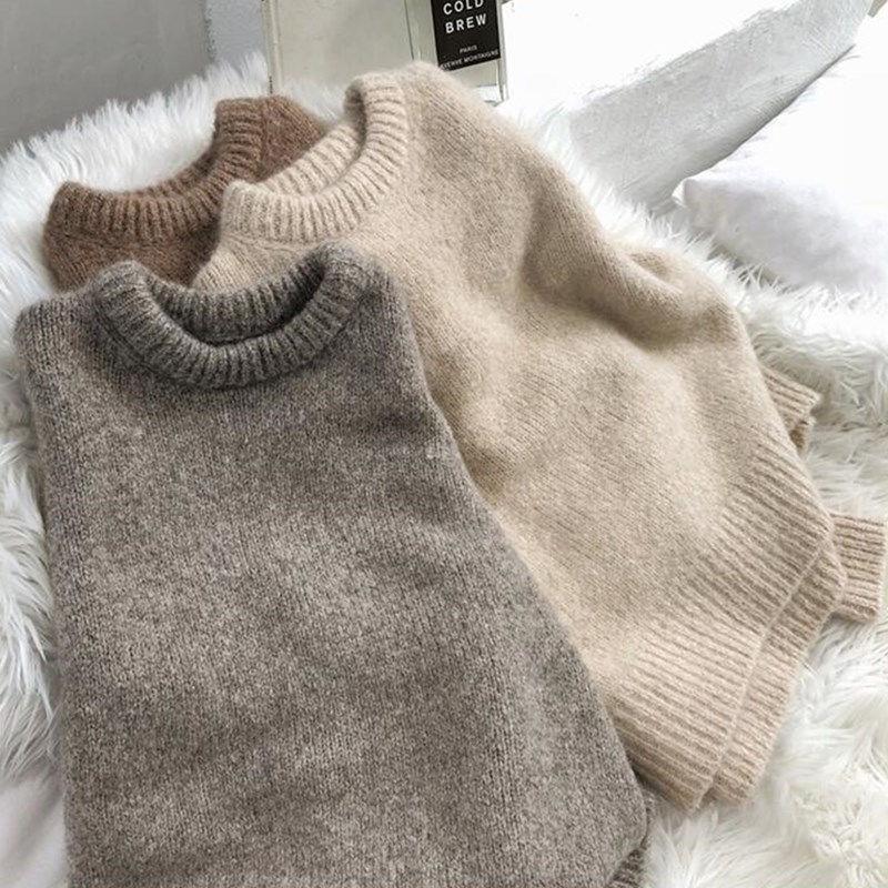 Lat Stil Løs Damegenser Høst Vinter Yttertøy Allsidig Pullover Rund Hals Base Lag Fortykket Strikk