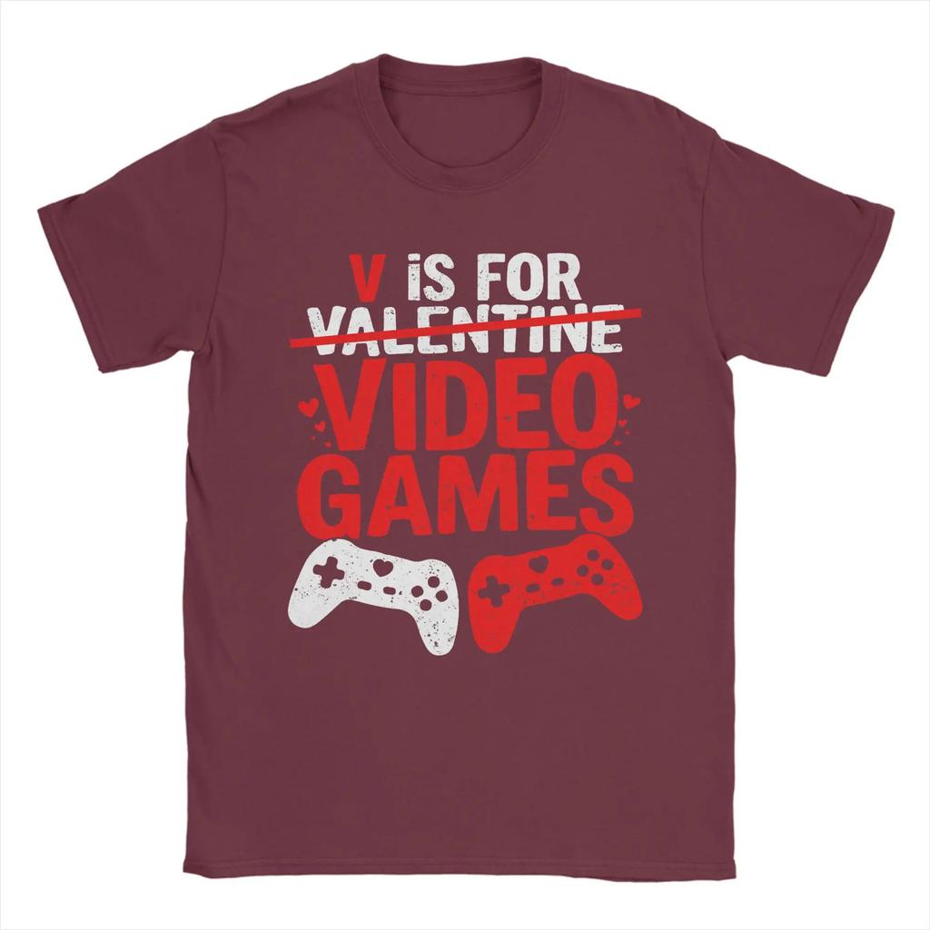 Humor V Is For Video Games Funny Valentines Gamer Tshirts For Unisex Round Collar Cotton T Shirt Short Sleeve Tees Party Tops