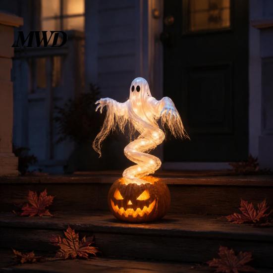 Autumn Yard Decor Halloween Swirling Ghost Pumpkin Lamp, Lighted Spooky Decorative Sculptures Statue, Warm LED Outdoor Decoration for Porch