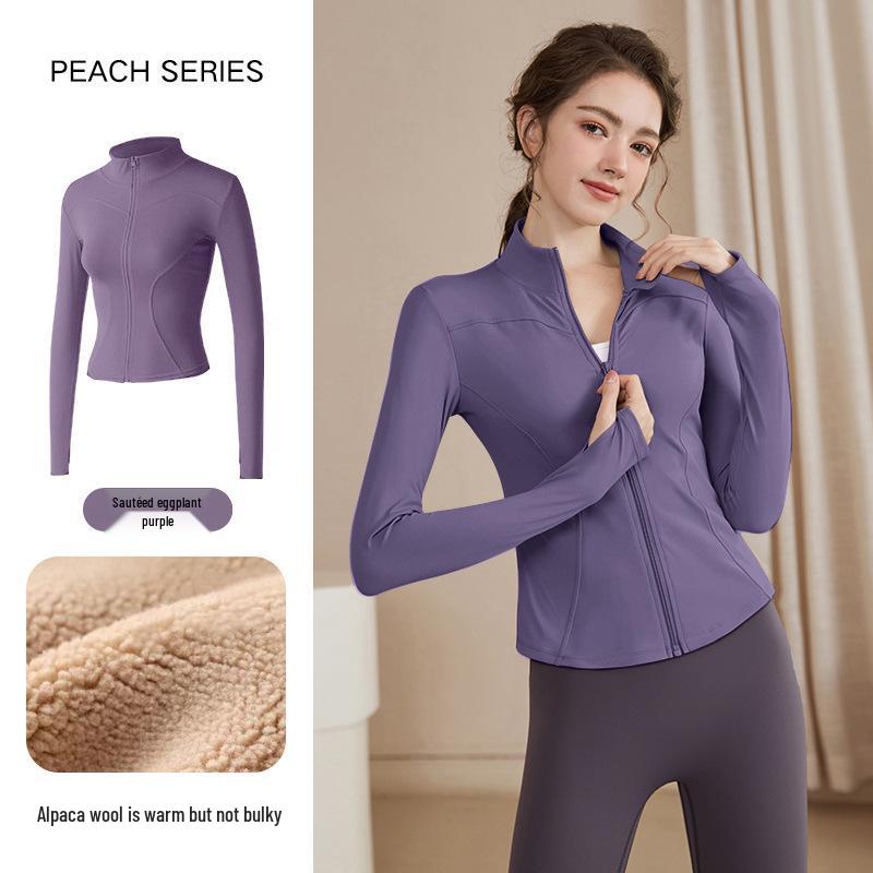 Women's Slimming Lambswool Jacket – Stand Collar, Velvet-Lined, Thick, Stretchy, Warm Yoga Top for Autumn & Winter