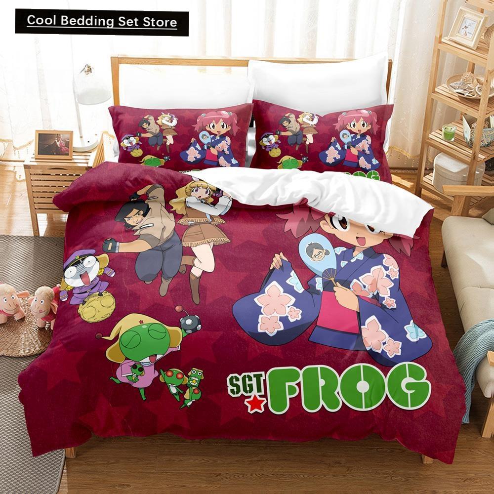 3D Kawaii Cartoons Bed Sheet Keroro Frog Bedding Set Single Twin Full Queen King Size Bed Set Adult Kid Bedroom Duvet Cover Sets