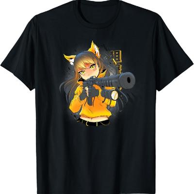 Anime Girl Holding a Gun, Japanese Manga T-Shirt