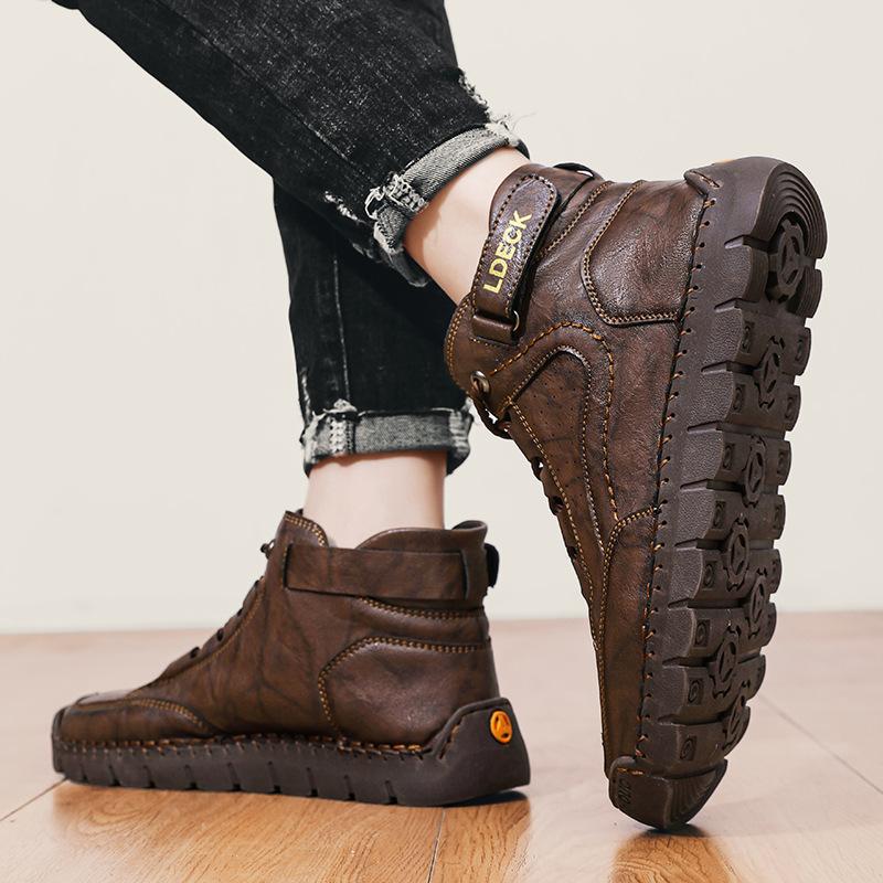 Spring /Autumn Boots Men's High-top Casual Sneakers Handmade Leather Shoes Plus Size 39-48