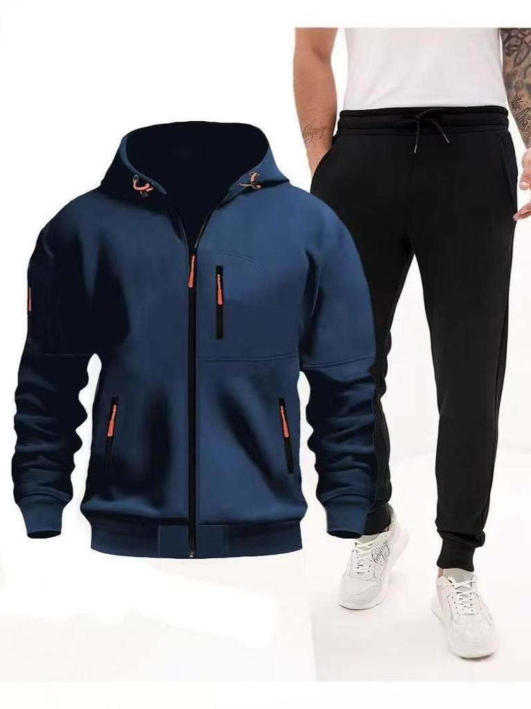 2025 Men's Plus Size Hooded Zip-Up Sports Hoodie & Jogger Set for Autumn/Winter