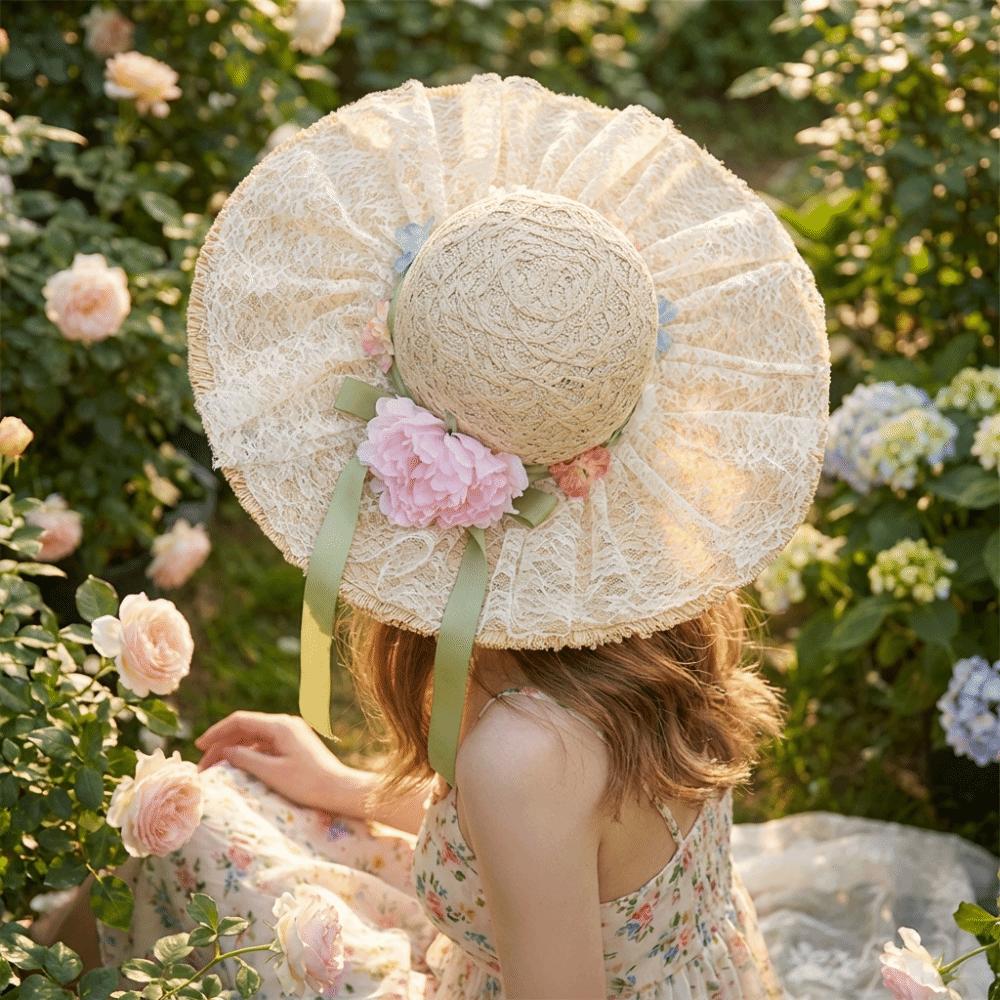 Big Brimmed Vacation Beach Cap Flower Woven Sun Cap Elegant Lafite Straw Hat  Summer