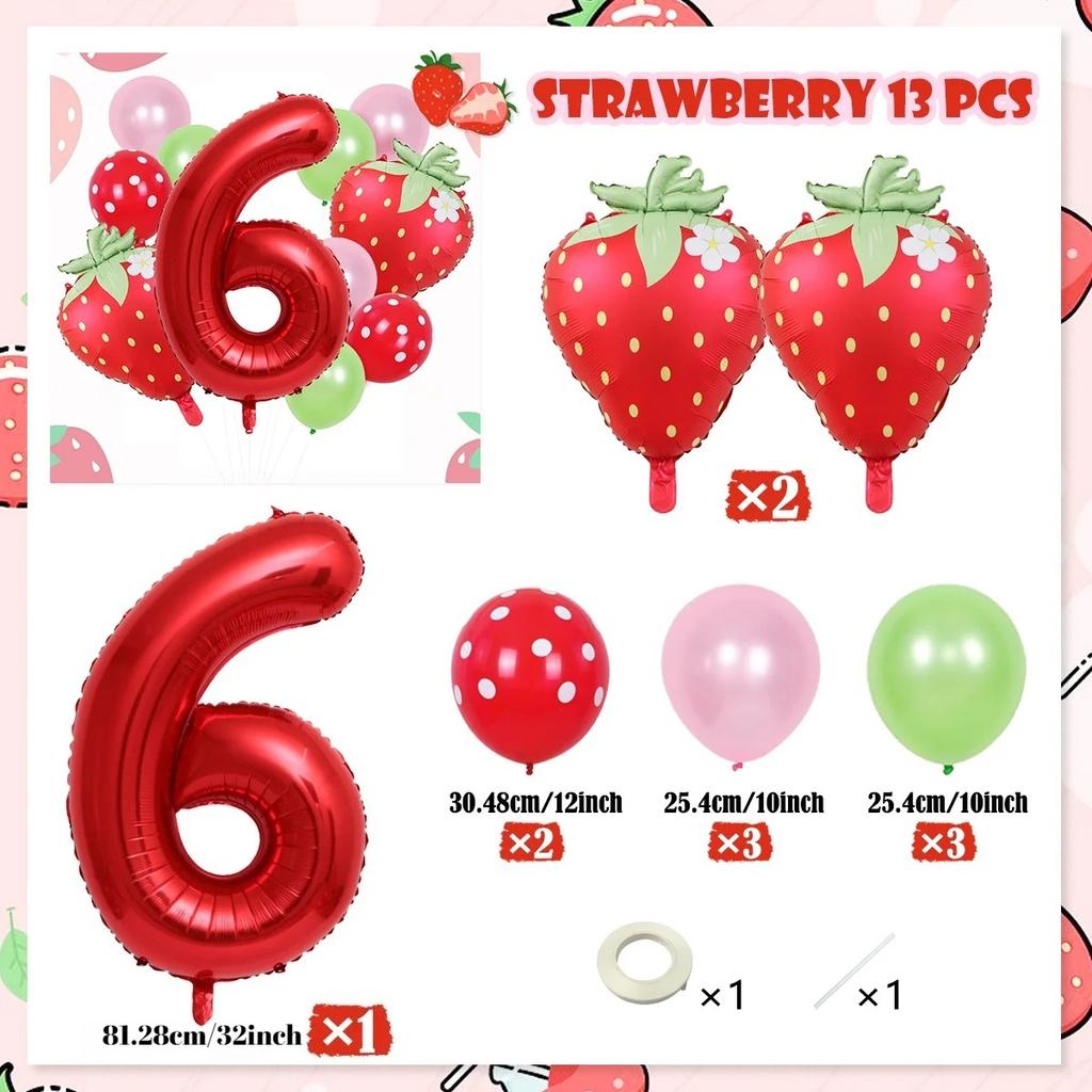 13pcs strawberry balloon aluminum foil balloon set with polka dot latex balloons for birthday party and anniversary decoration