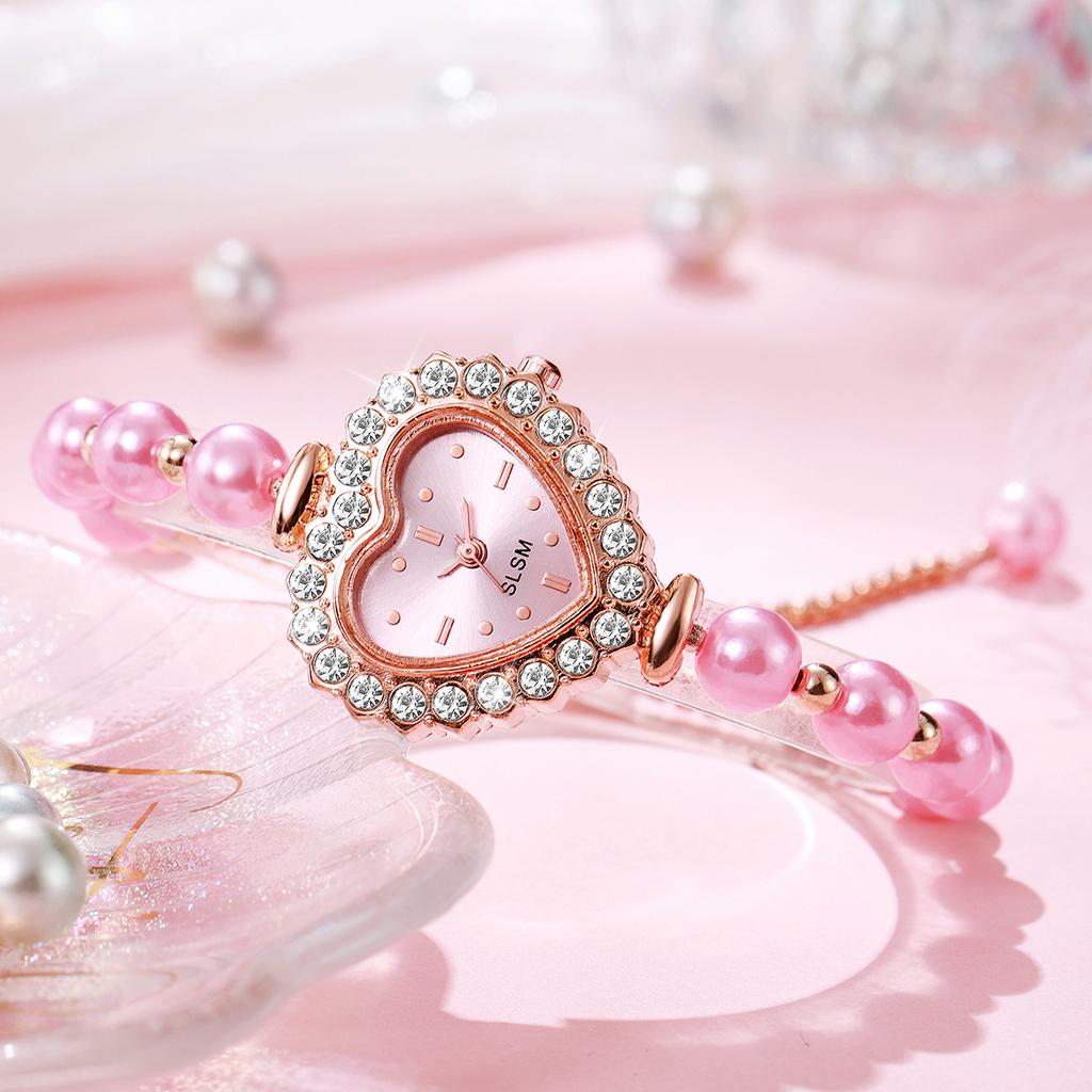 Mode Herz Zifferblatt Damenuhr Imitationsperlen Armband Quarz Armbanduhren Reloj Mujer