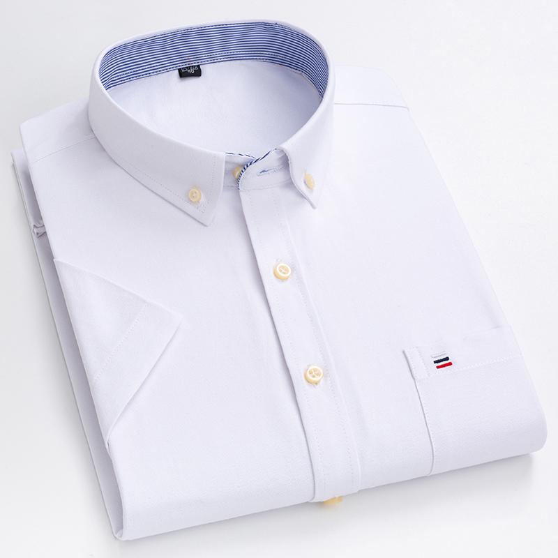 Letnie Nowe Męskie Koszule Oxford Krótki Rękaw 100% Bawełna Kratka Miękkie Regularny Krój Formalna Koszula Elegancka Koszula Społeczna Odzież Męska