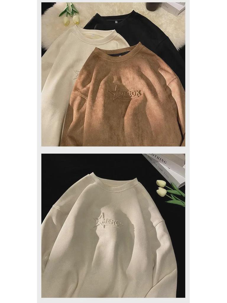 Herren Oversized Wildleder Sweatshirt - Trendiges High Street Winter Layer, Bequemer und Lässiger Stil ohne Kapuze