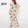 Lightweight Loungewear 2 Pcs/Set Christmas Women Pajamas Suit Satin Santa Printing Lapel Long Loose Fit