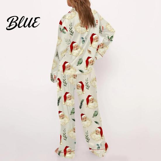 Lightweight Loungewear 2 Pcs/Set Christmas Women Pajamas Suit Satin Santa Printing Lapel Long Loose Fit