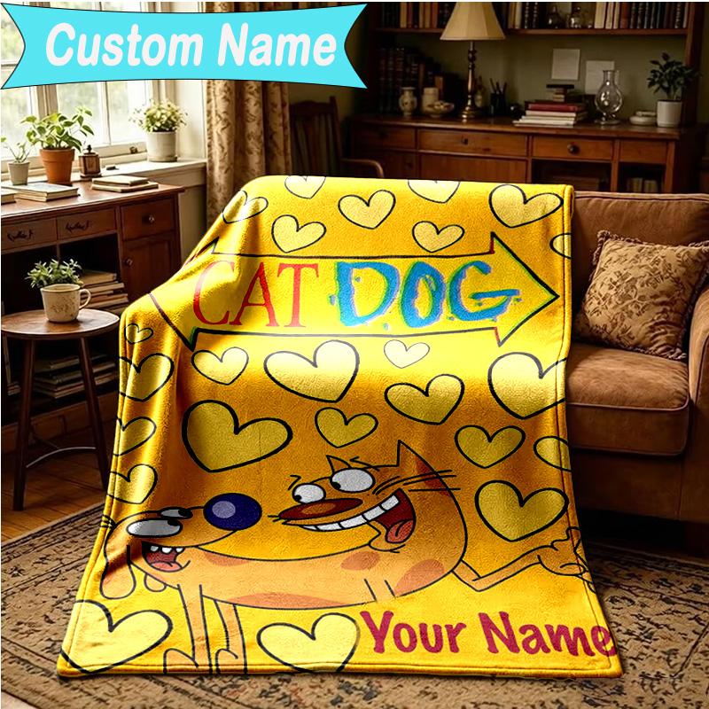 1PC Custom Name Blanket Cat Dog Adventure Flannel Blankets Patterns Throw Blanket All-Season Soft Gift for Couch, Bed, Camping, Birthday Gifts