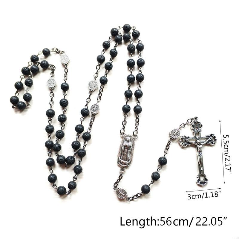 62KD Rosary Beads Long Necklace with Jesus Christ Crucifix for Cross Catholic Prayer Pendant Party Gift for Men Women