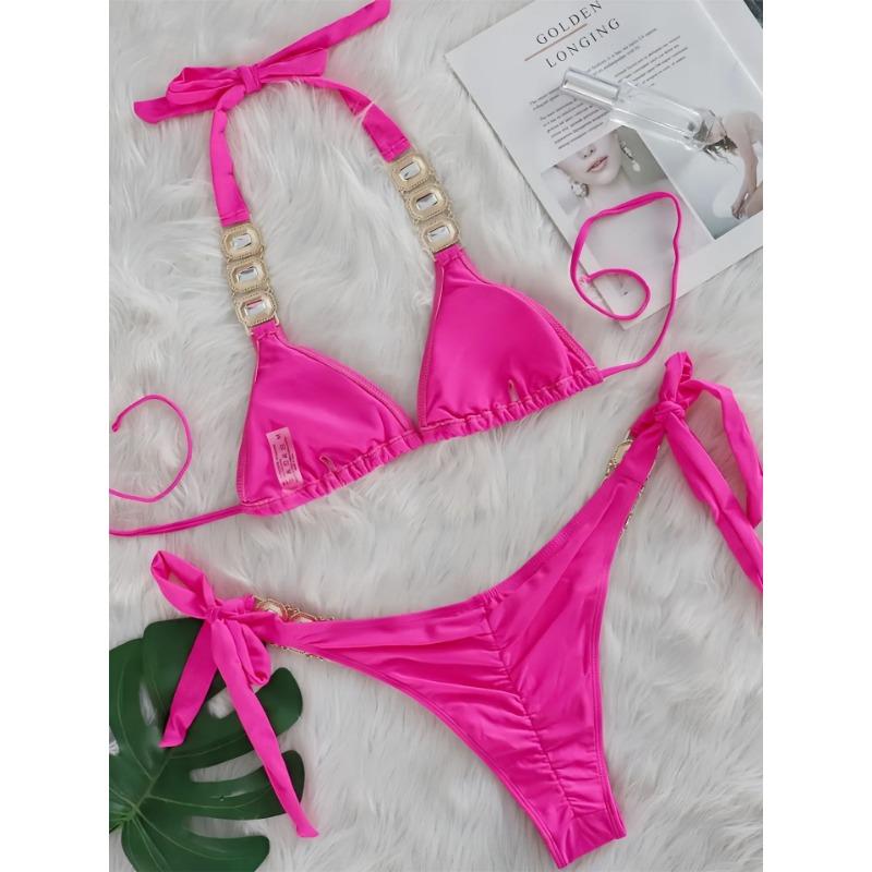 Sexy Rhinestone Bikini Set Women 2025 Luxury Pink Crystal Diamond Push Up Bandage Thong Swimsuit Beach Bathing Suit Swimwear