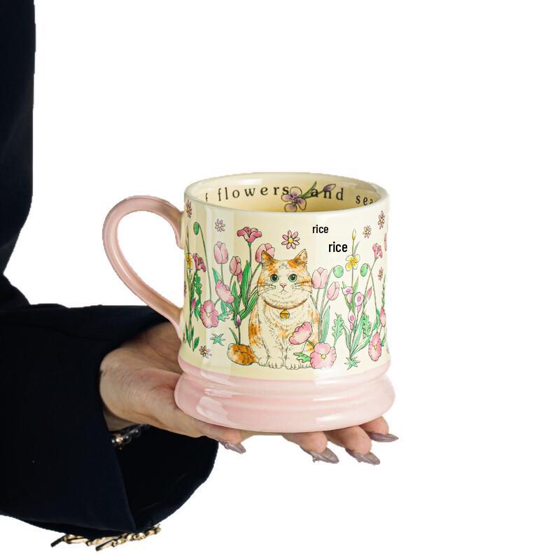 OLOEY Retro Floral Cat Ceramic Mug