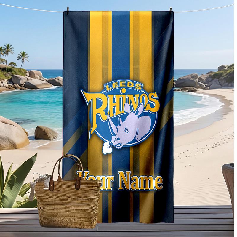 Asciugamano da Spiaggia Personalizzato Leeds Rhinos, Stampa il Tuo Nome Testo Asciugamano Leggero Assorbente per Nuoto Viaggio
