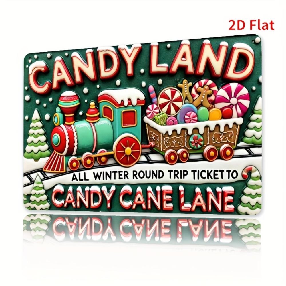 Vintage Candyland Metal Wall Art - Winter Candy Cane Lane Ticket Decor with Colorful Train & Gingerbread, 7.87x11.81 Inch Outdoo