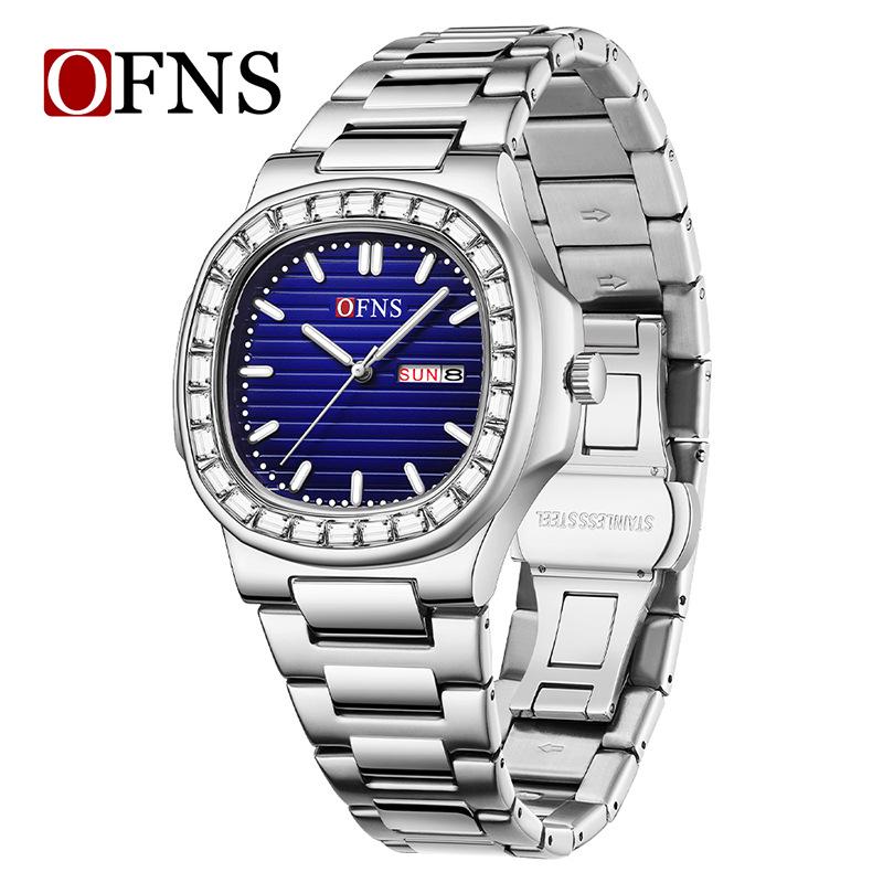 OFNS Men's Classic Quartz Watch: Square Diamond-Inlaid Dial, Dual Calendar, Waterproof, Two-Hand Design