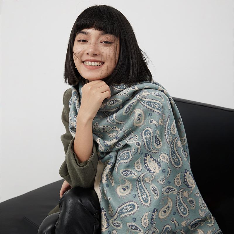 

Этнический стиль жаккардовый узор цветок кешью дорожный шарф женский жаккардовый шарф с бахромой утолщенный очень длинный платок для кондиционера 180*65cm синий