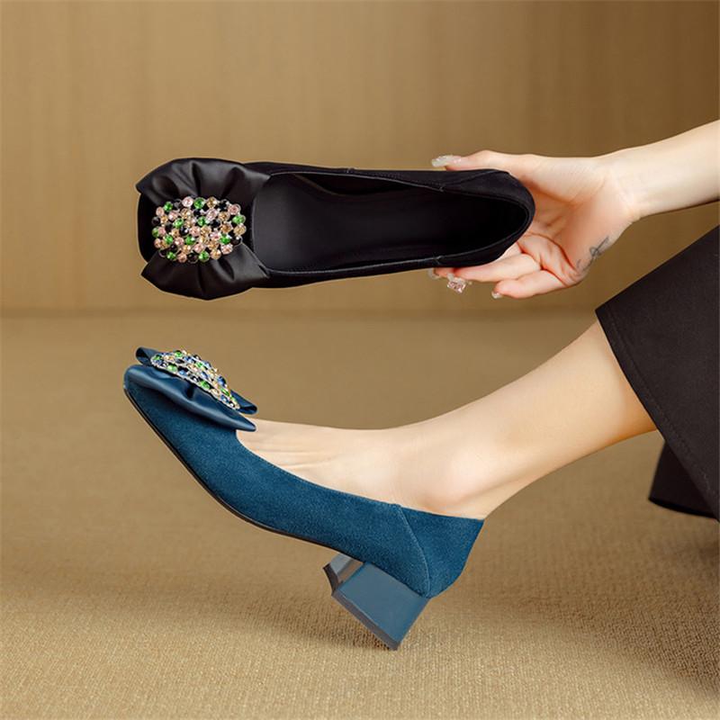 Modne Nowe Wiosenno-letnie Płytkie Buty z Owczej Skóry Zamszowej dla Kobiet Modna Kokarda Kwadratowy Nosek Damskie Czółenka Oddychające Buty na Średnim Obcasie Kobiety