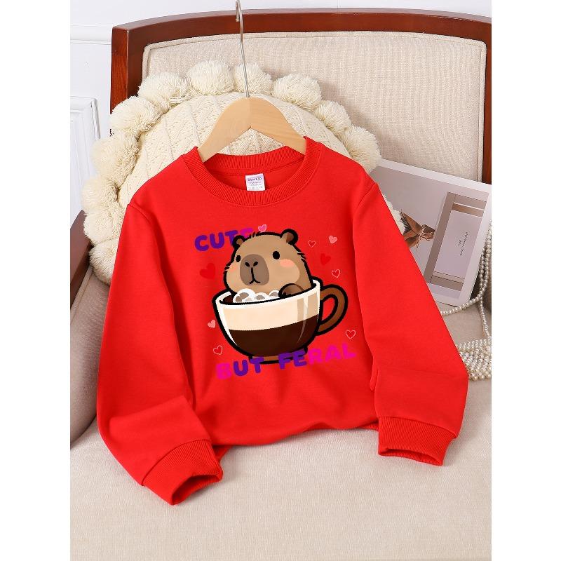 Cute Bear In Coffee Cup with Hearts 2026 New Girls' Long-sleeve Casual Crewneck Sweatshirt, Suitable for Outdoor Sports