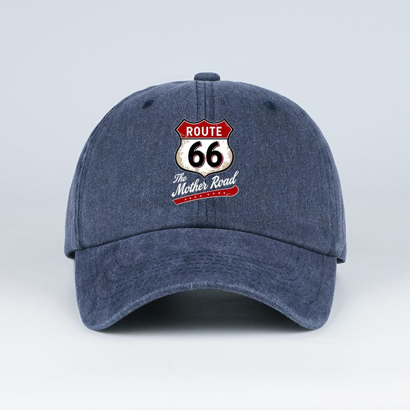 

Vintage Route 66 The Mother Road Print Washed Baseball Cap Adjustable Unisex Biker Travel Sun Hat темно-синього кольору