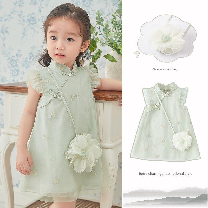 Girl Summer Clothing Han Dynasty National Style Birthday Party Cheongsam Dress Gray Green 73cm (Recommended Height 66-73cm)