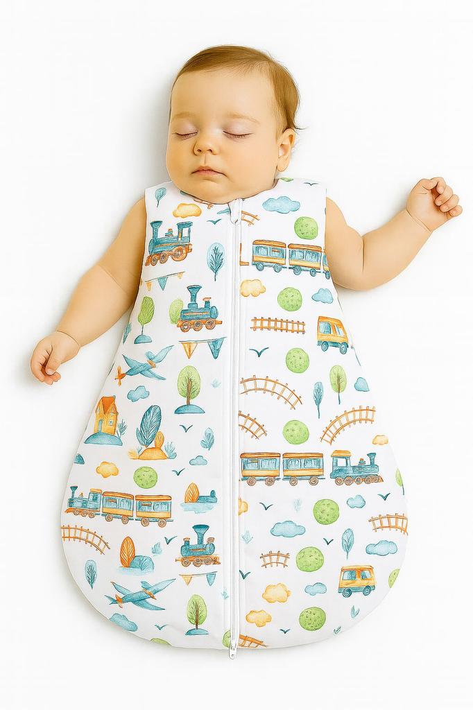 Cotton Rounded Sleeping Bag for Children S 0-6 Months Summer TOG 1.0 - Turquoise Train