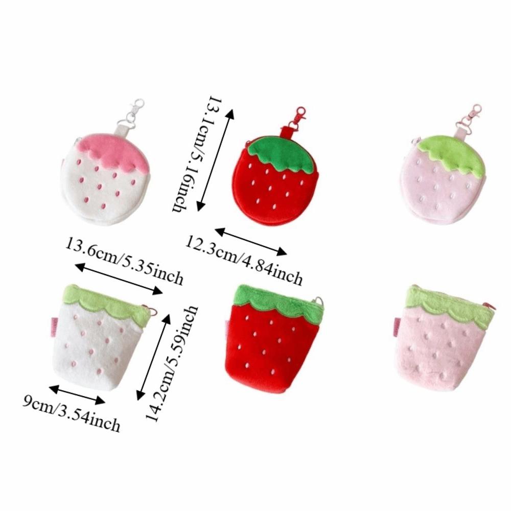 Zipper Design Plush Strawberry Keychain Lipstick Card Bag Earphone Bag Key Pendant  Student
