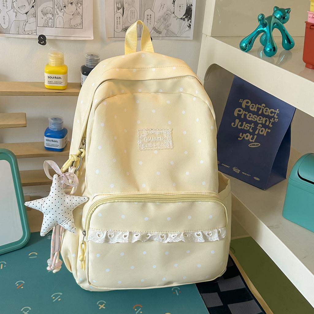 Schoolbag Milk White Polka Dot Backpack ins Niche Middle and High School Elementary School Bag Women's Lace Light Casual Backpack