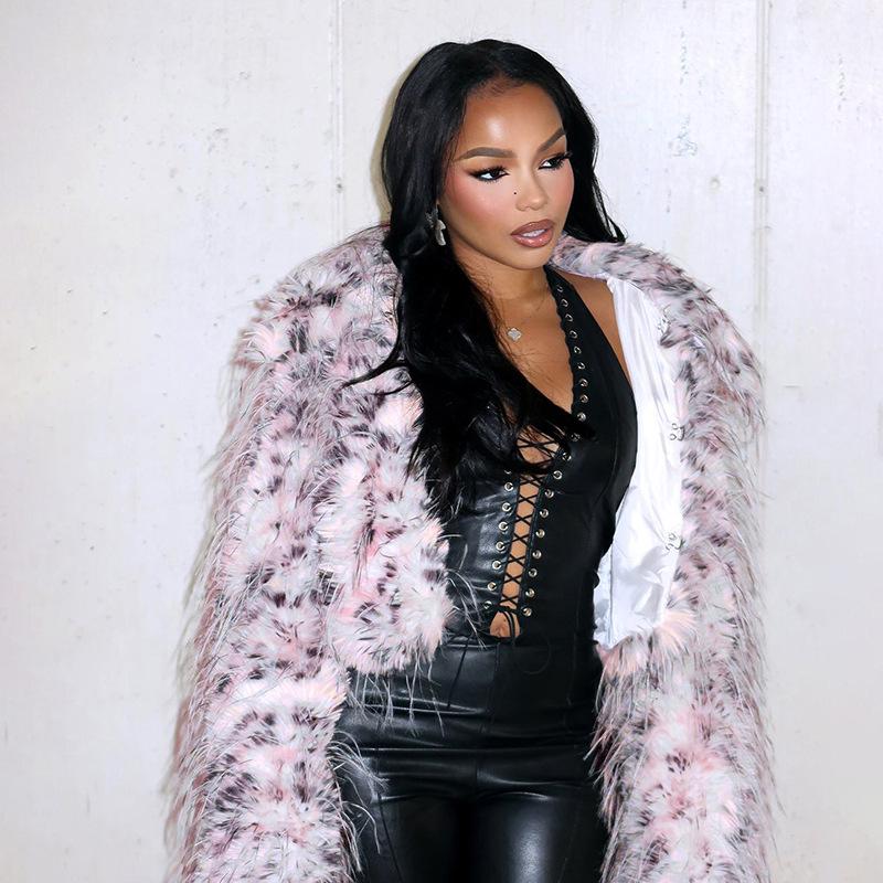 

Европейская Осень/Зима 2025 Леопардовый Принт Длинный Мех Лацканы Приталенный Жакет M розовый