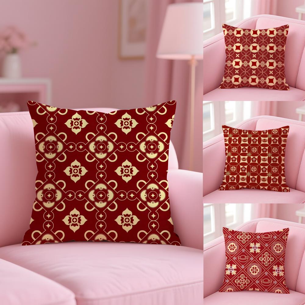 Chinese Style Red Retro Cushion Cover Short Plush Double-Sided Printing Home Machine Washable In Warm Winter Cushion Cover