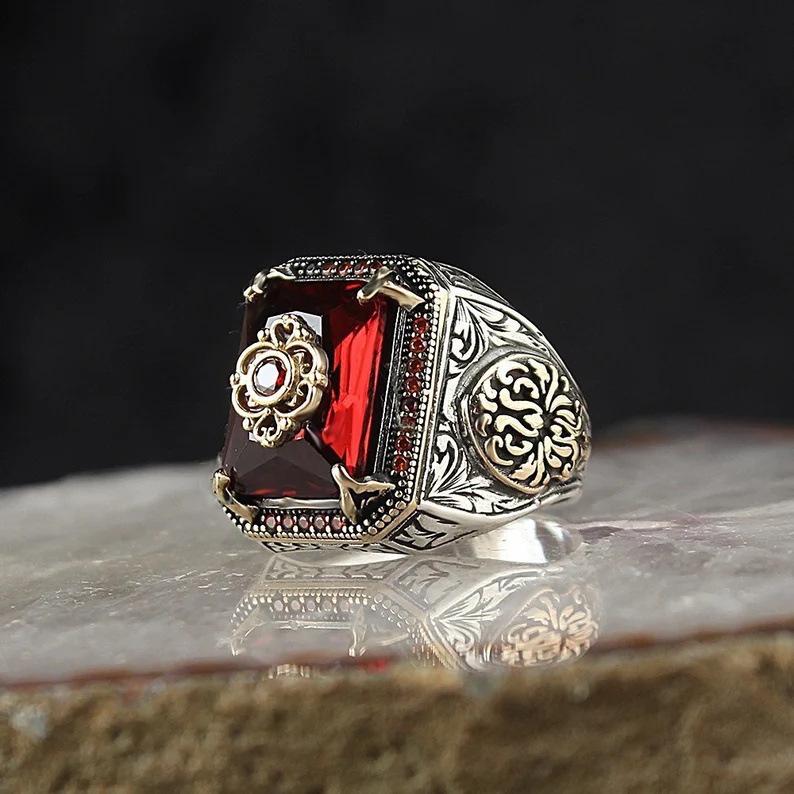Retro Ethnic Style Blue Zircon Ring for Men and Women