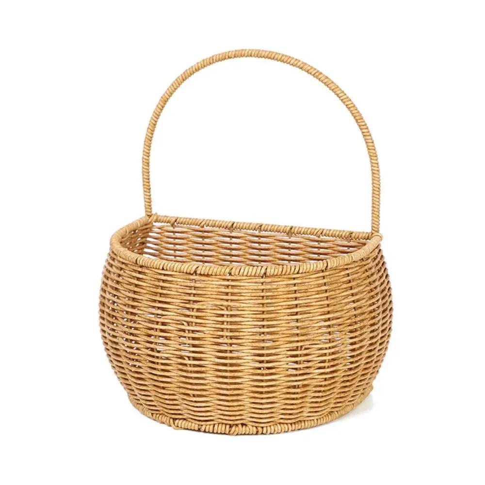 Imitation Rattan Kitchen Storage Basket Brown with Handle Hand-woven Hanging Baskets Vegetable Fruit Flower Toilet Rack