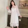 Ling Lei Autumn Solid Color Lace Bow Mesh Court Princess Style Long Nightdress Pajamas Loungewear Women